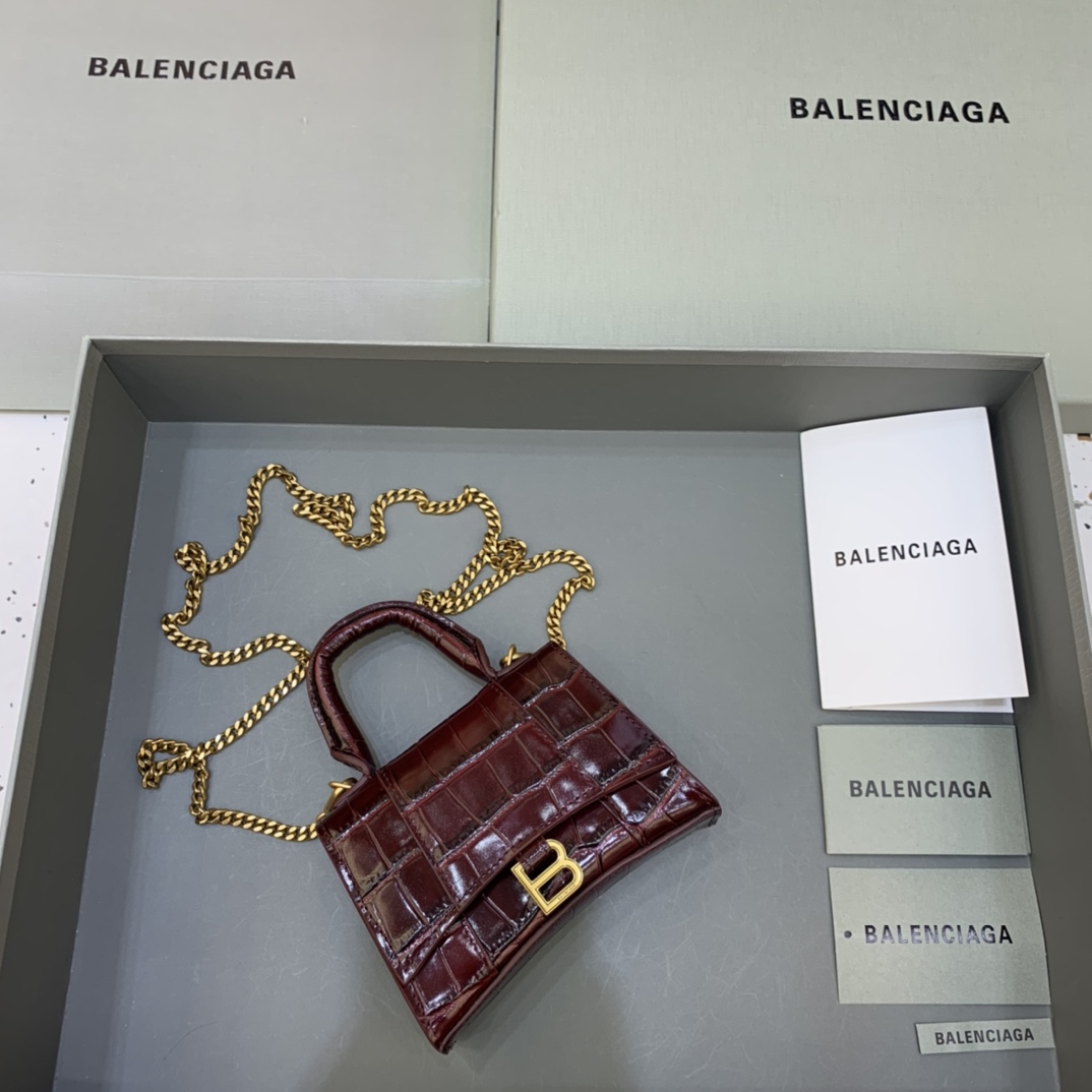 Balenciaga Hourglass Mini Handbag With Chain Crocodile Embossed Shoulder Bag Coffee